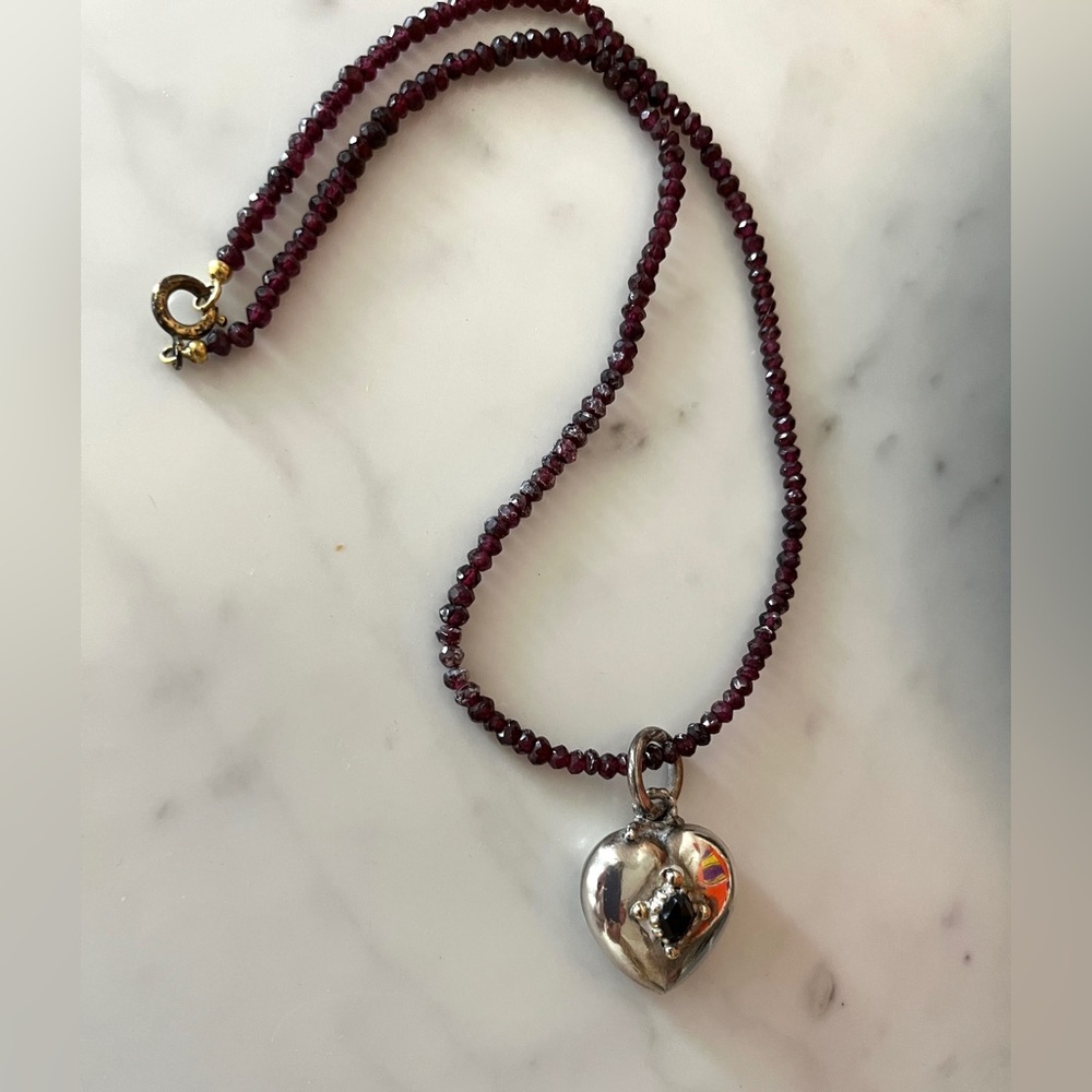Vintage Ruby Red Garnet Sterling Silver Puff Heart Facet Gemstones Boho Necklace
